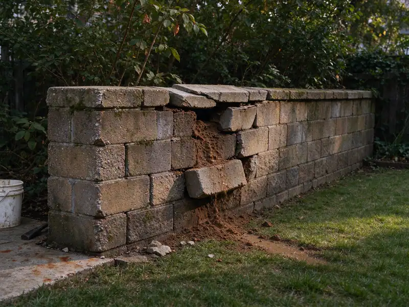 Failed segmental block retaining wall bulging outward at mid-height in a Queens backyard