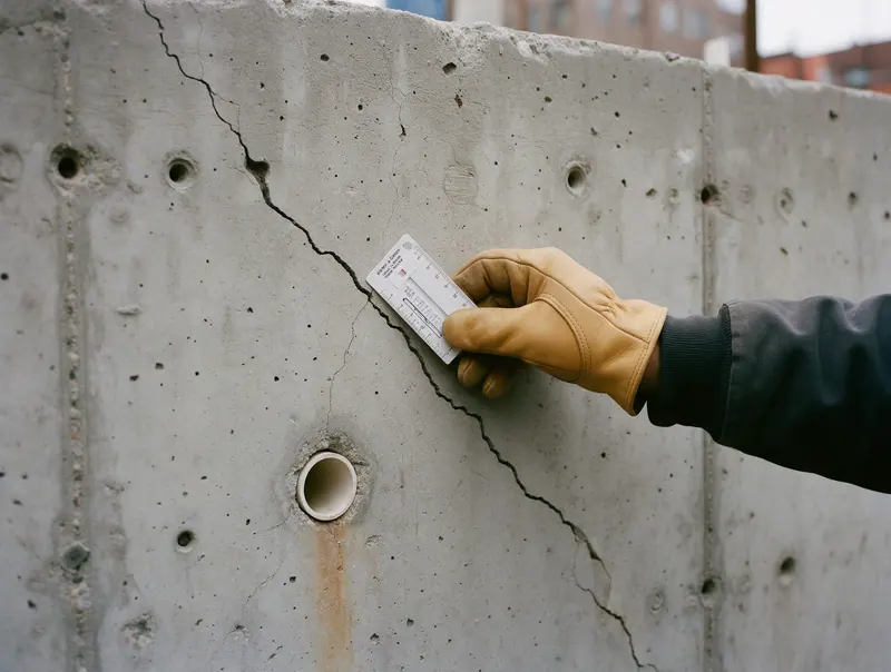 Contractor's gloved hand holding a crack-width gauge against a diagonal crack in a poured-concrete retaining wall above a weep hole