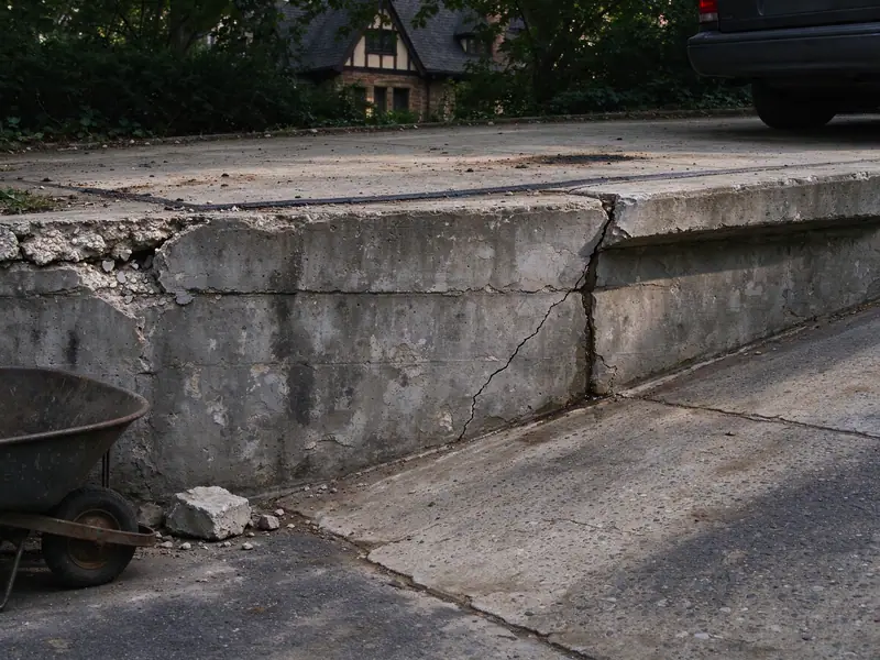 Cracked old retaining wall beside a parking pad at the top of a driveway in Jamaica Estates, Queens