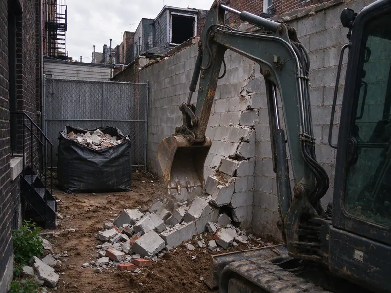 Compact excavator removing a failed, leaning concrete block retaining wall in a Queens side yard