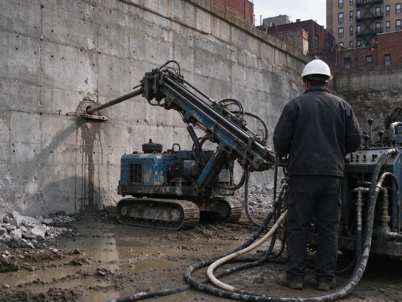 Drill rig boring a tieback anchor hole through a concrete retaining wall in the Bronx