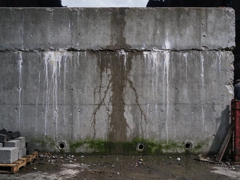 White efflorescence and wet staining on the face of a concrete retaining wall in the Bronx