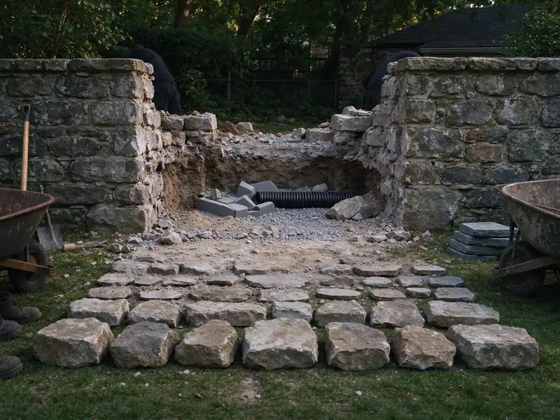 Section of a fieldstone retaining wall taken down with its stones laid out in order for rebuilding on Staten Island