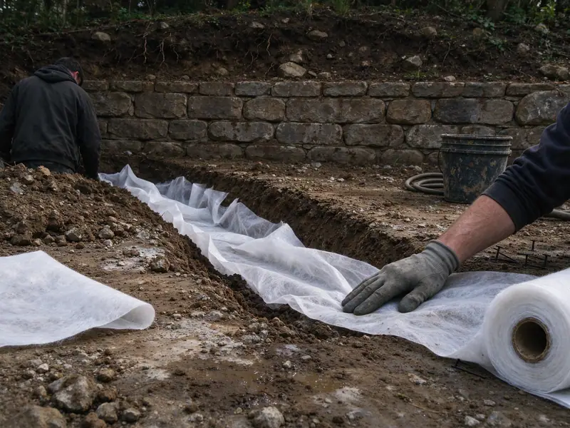 White filter fabric lining a drainage excavation behind a retaining wall on Staten Island