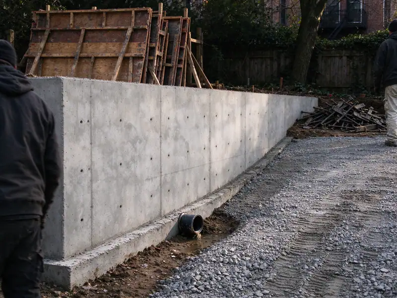 Freshly stripped poured concrete retaining wall with form-tie holes beside a new driveway