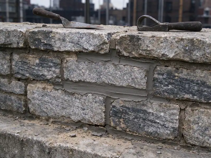 Freshly repointed and tooled mortar joints in a gneiss stone retaining wall in the Bronx
