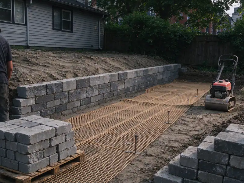 Geogrid layer pinned over compacted fill behind a replacement segmental block wall in Wakefield, the Bronx