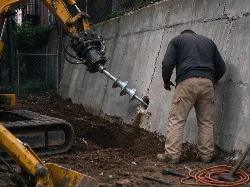 Helical anchor shaft being driven at an angle through a retaining wall with a hydraulic drive head in Queens