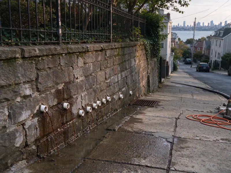 Hillside stone retaining wall with weep holes along a sidewalk on Grymes Hill