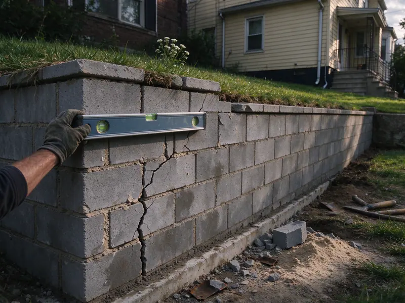 Leaning concrete block retaining wall on the lot line between two houses in the Northeast Bronx