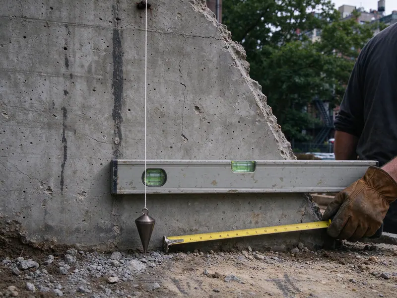 Level and plumb line held against a leaning retaining wall to measure its lean on Staten Island