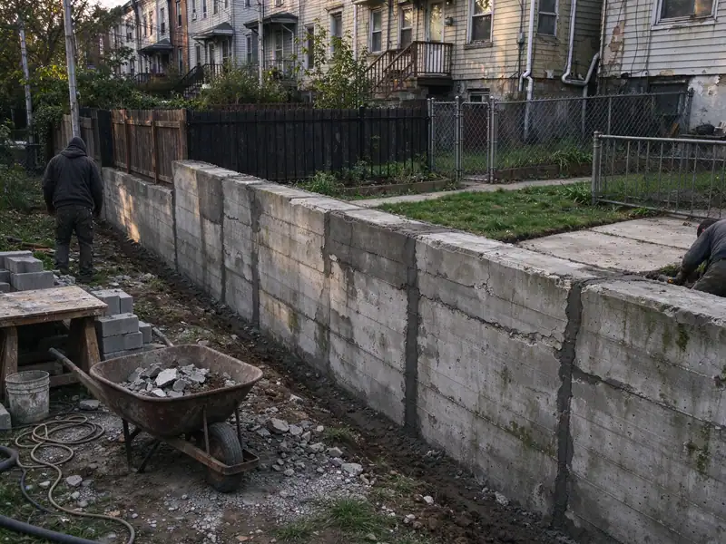 Long retaining wall running behind a row of attached homes in Wakefield, the Bronx