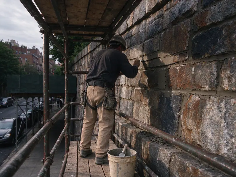 Mason on a scaffold repointing a tall stone retaining wall in Washington Heights, Manhattan
