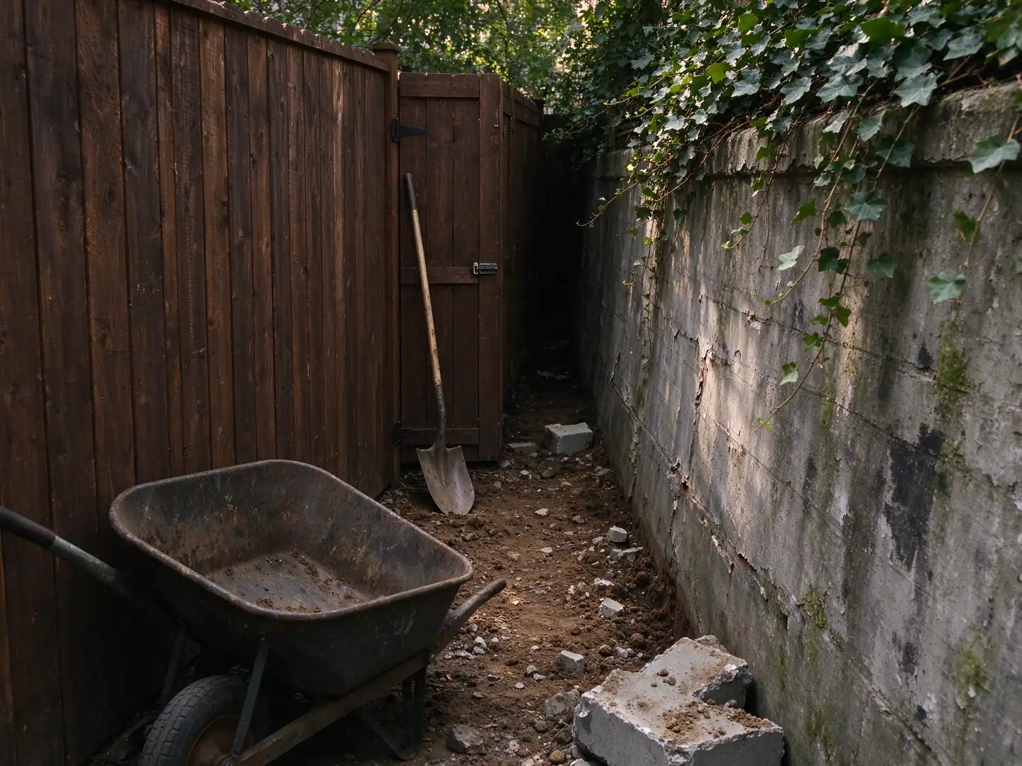 Narrow strip between a wooden fence and a leaning retaining wall at the edge of two neighboring yards in Queens