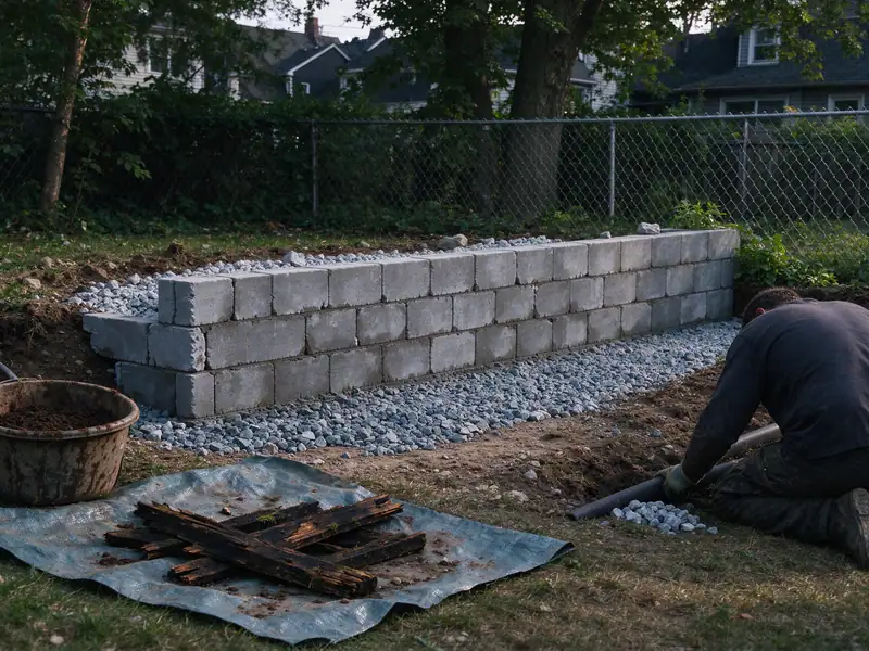 New segmental block retaining wall being built where a timber wall was removed on Staten Island