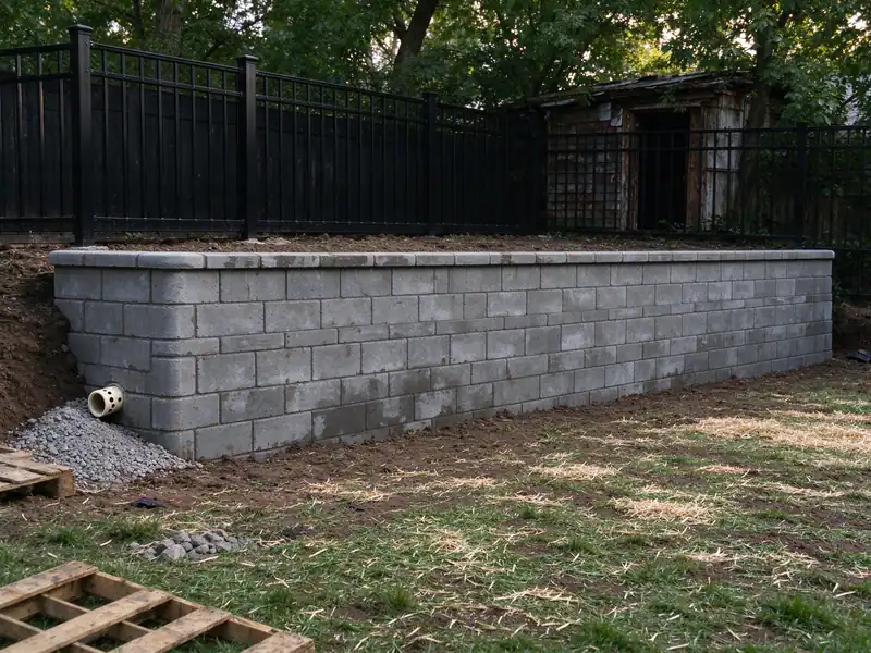 Typical result: a new segmental block retaining wall with caps and a drainage outlet in a Queens yard