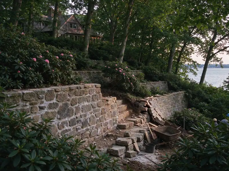 Old stone retaining walls stepping down a hillside garden in Douglaston, Queens