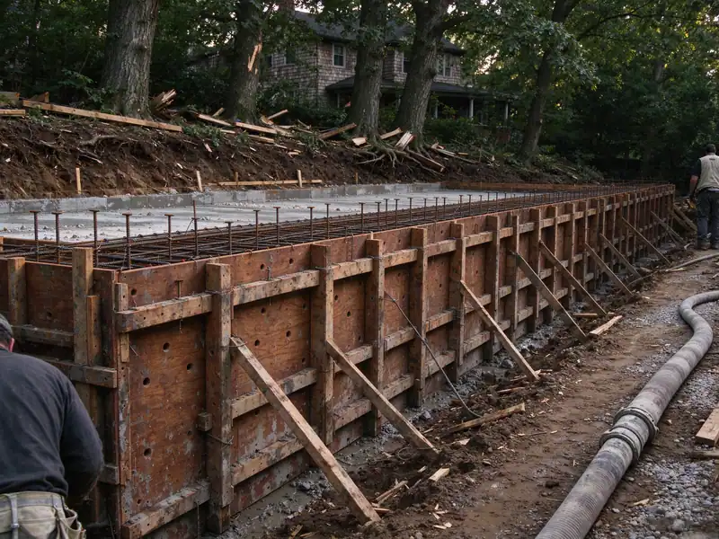 Braced plywood forms and rebar for a new poured-concrete retaining wall in Douglaston, Queens