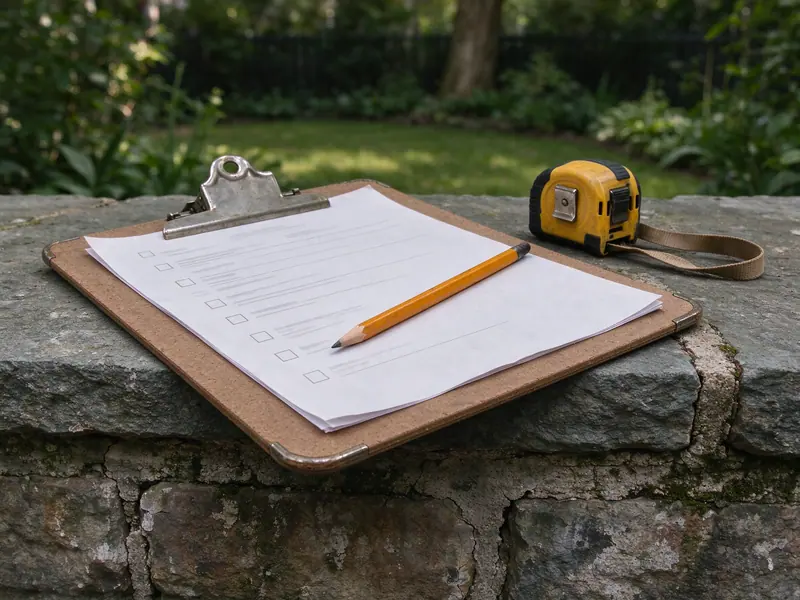 Printed NYC retaining wall owner checklist on a clipboard resting on a stone wall