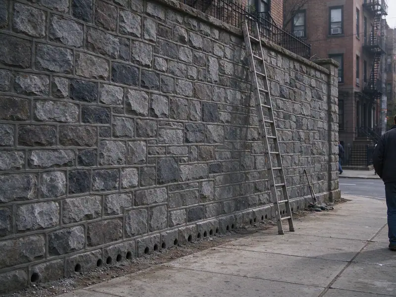 Typical result: the same style of tall stone retaining wall with a rebuilt section, repointed joints and weep holes, sidewalk reopened in the Bronx
