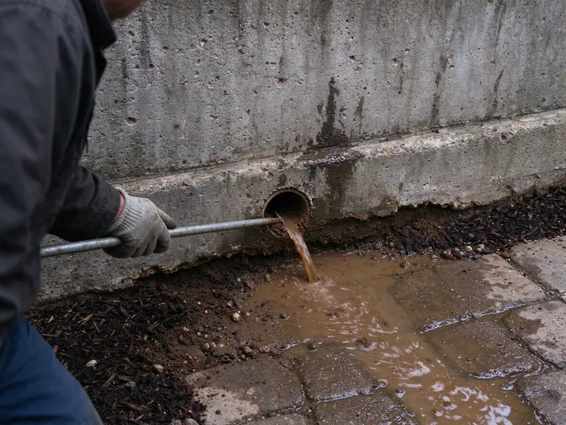 Gloved hand rodding a clogged weep hole at the base of a concrete retaining wall in Brooklyn