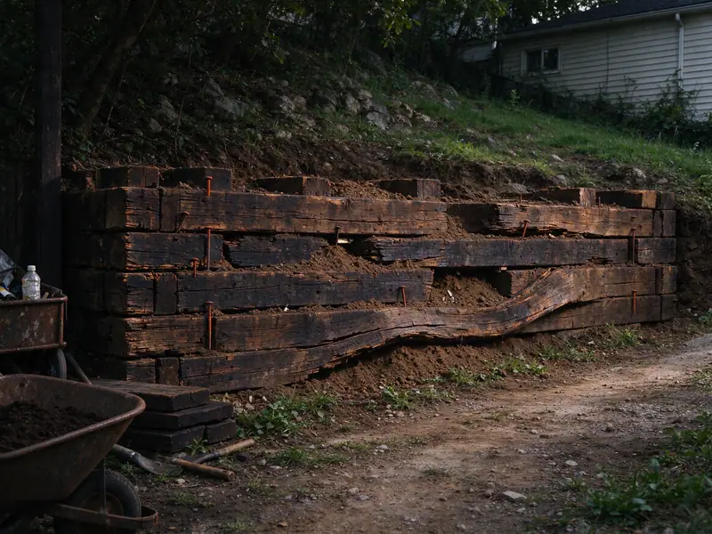 Rotted, bowing railroad-tie retaining wall holding back a sloped yard before replacement