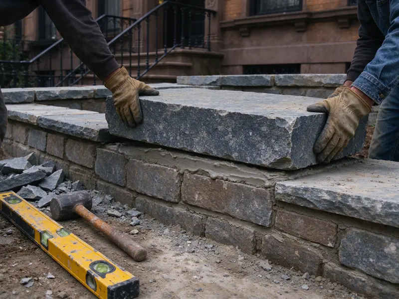 Gloved hands setting a bluestone cap slab on a stone garden retaining wall in Park Slope, Brooklyn