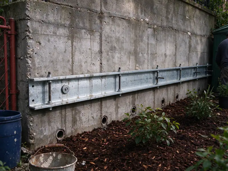 Steel waler beam and anchor plates holding a stabilized retaining wall in Brooklyn