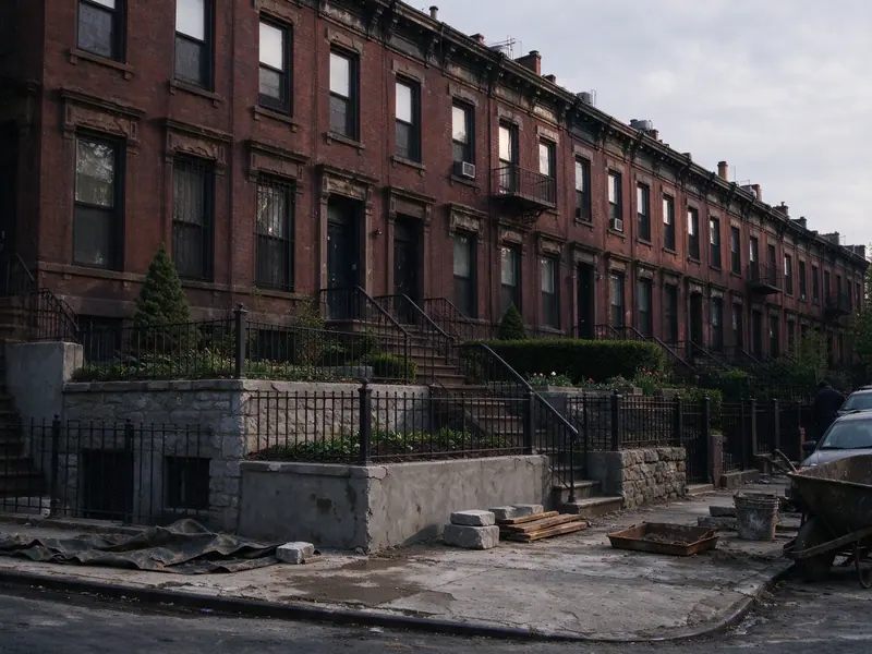 Brick row houses in Bay Ridge, Brooklyn, with stepped front yards held by low retaining walls