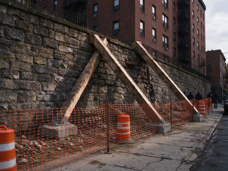 Bulging stone retaining wall temporarily shored with timber bracing behind safety fencing on a Bronx sidewalk