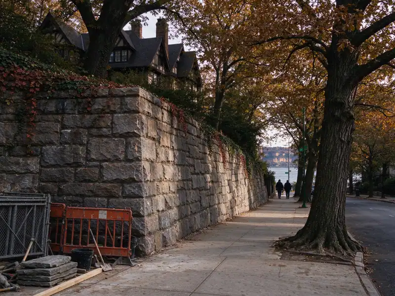 Hillside street in Riverdale, the Bronx, with tall stone retaining walls under large trees